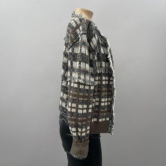 Cabi Plaid Fringe Open Classic Cardigan‎ Sweater #4097 Brown Gray Womens M - Picture 12 of 12